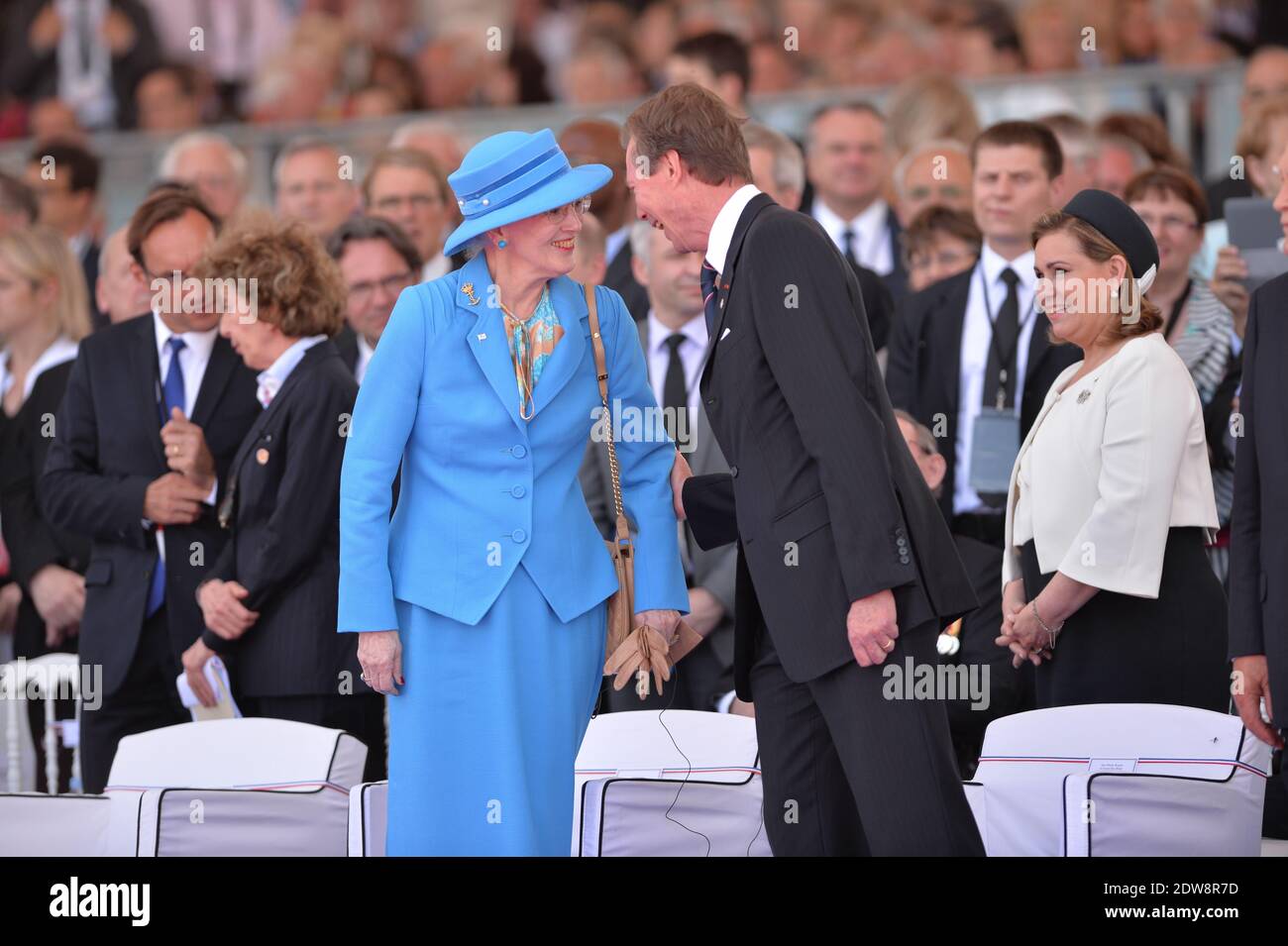 Il Granduca di Lussemburgo, Henri, la Granduchessa di Lussemburgo Maria-Teresa e la Regina Margrethe di Danimarca partecipano alla cerimonia internazionale di Sword Beach a Ouistreham, nell'ambito delle cerimonie ufficiali in occasione del 70° anniversario del D-Day, il 6 giugno 2014 in Normandia, Francia. Foto di Abd Rabbo-Bernard-Gouhier-Mousse/ABACAPRESS.COM Foto Stock