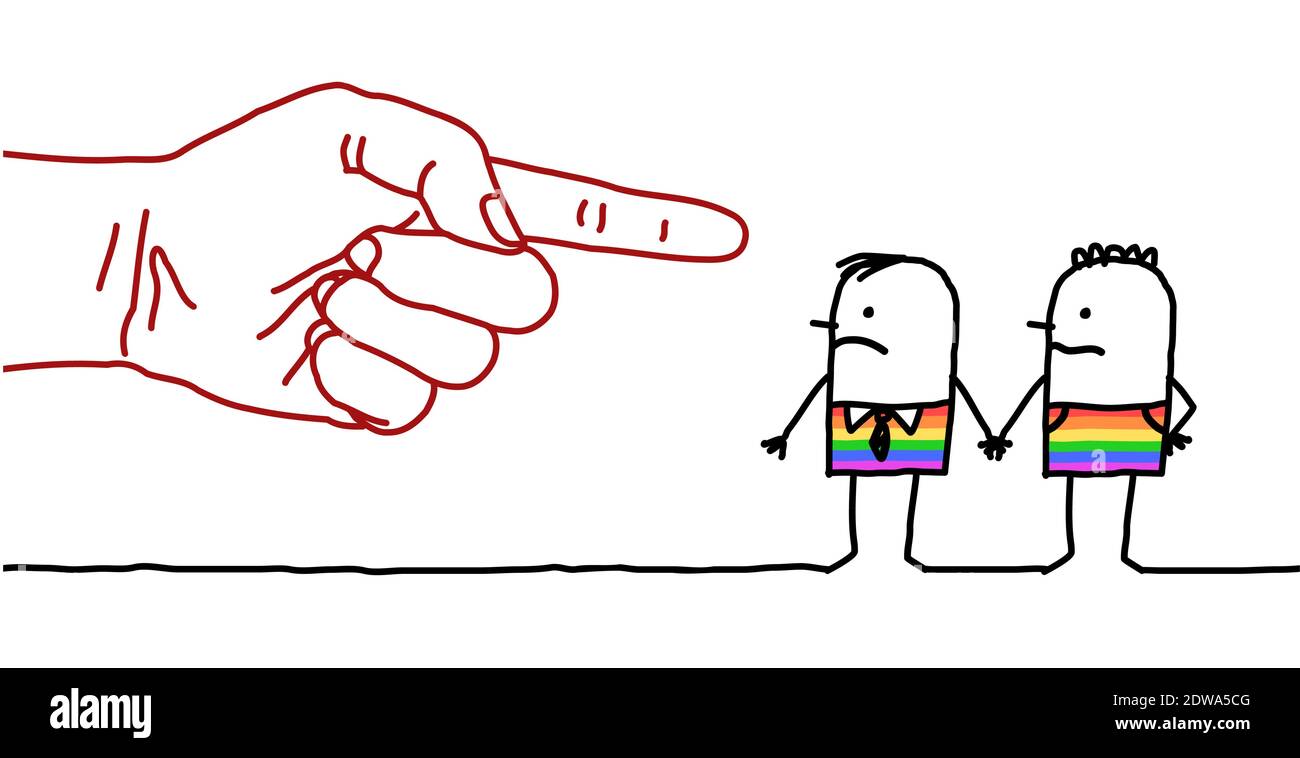 Mano disegnata Grande mano con carattere cartoon - dito puntato Firma su una coppia gay Illustrazione Vettoriale