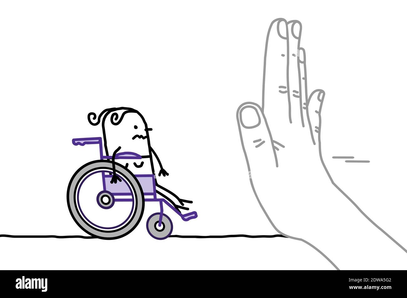 Mano disegnata Grande mano con personaggio Cartoon - segnale di stop Di fronte a una donna disabile Illustrazione Vettoriale