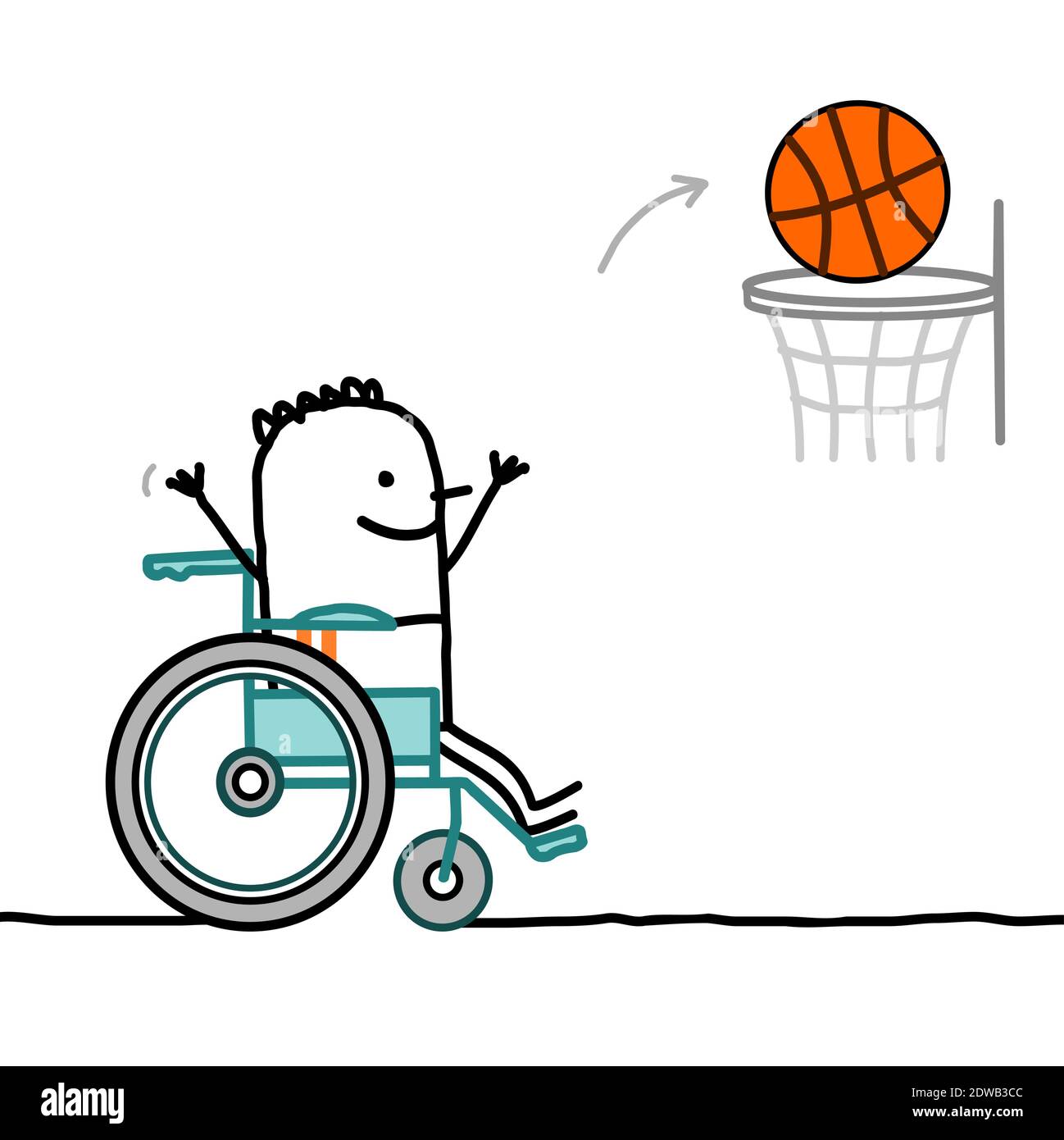 Cartoon Disabled Boy disegnato a mano in una sedia a rotelle che gioca Basket-Ball Illustrazione Vettoriale