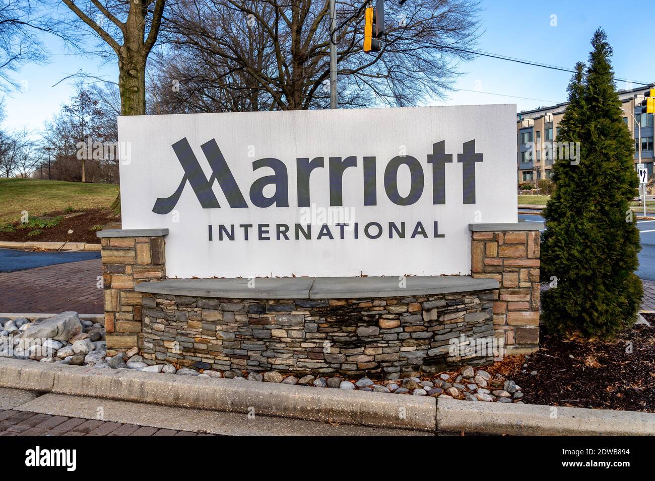 Maryland, Washington D.C., Stati Uniti d'America - 12 gennaio 2020: Firma Marriott International fuori dalla loro sede centrale nel Maryland USA. Foto Stock