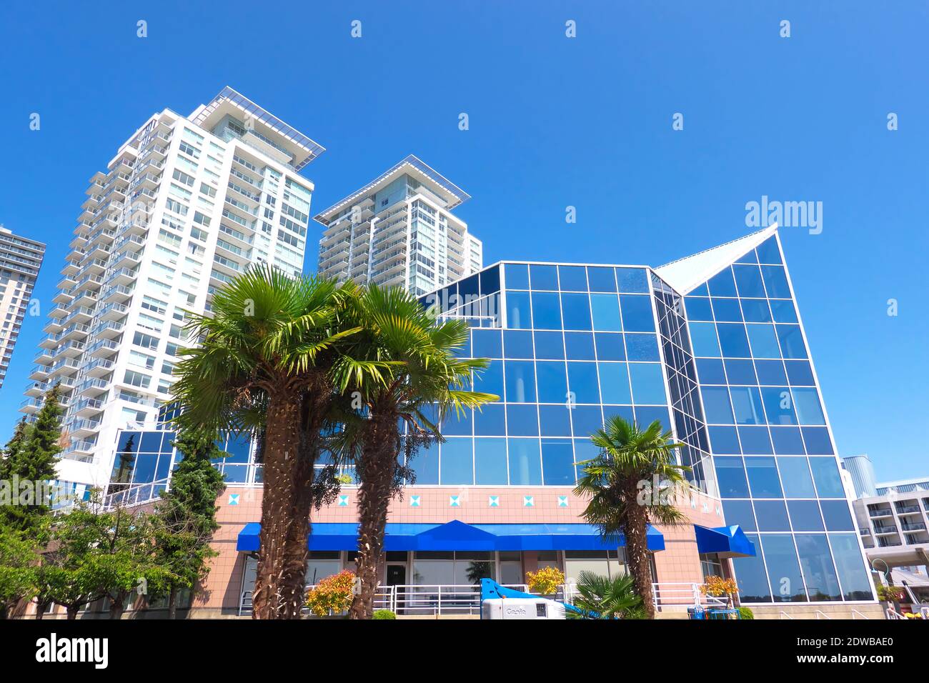 Edificio con facciata in vetro e appartamenti con palme di fronte a un cielo blu. Foto Stock