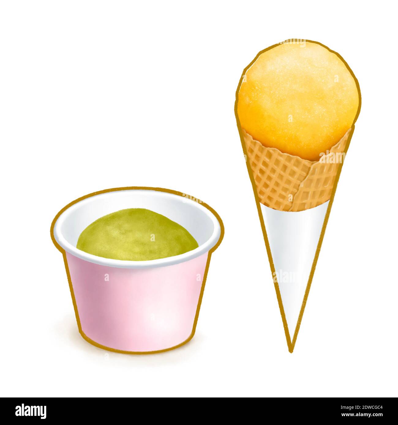 La pittura digitale della deliziosa tazza di gelato del tè verde in tazza di carta con crema di mango gelato cialda di cialda di cono, surgelato dessert cibo isometrico icona r Foto Stock
