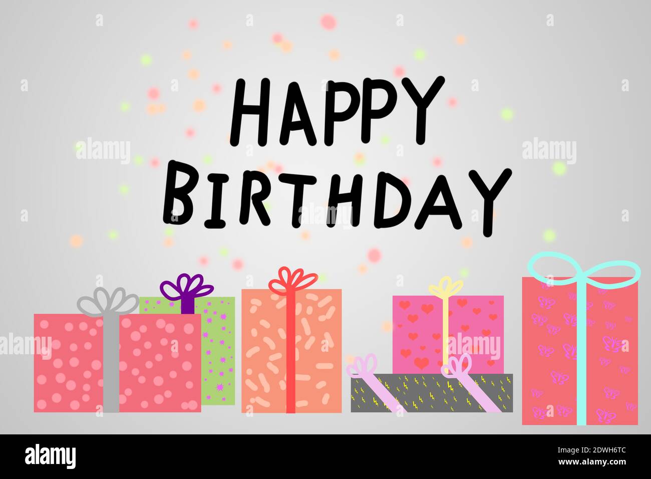 Buon compleanno, biglietto d'auguri, confezioni regalo e confetti colorati. Foto Stock