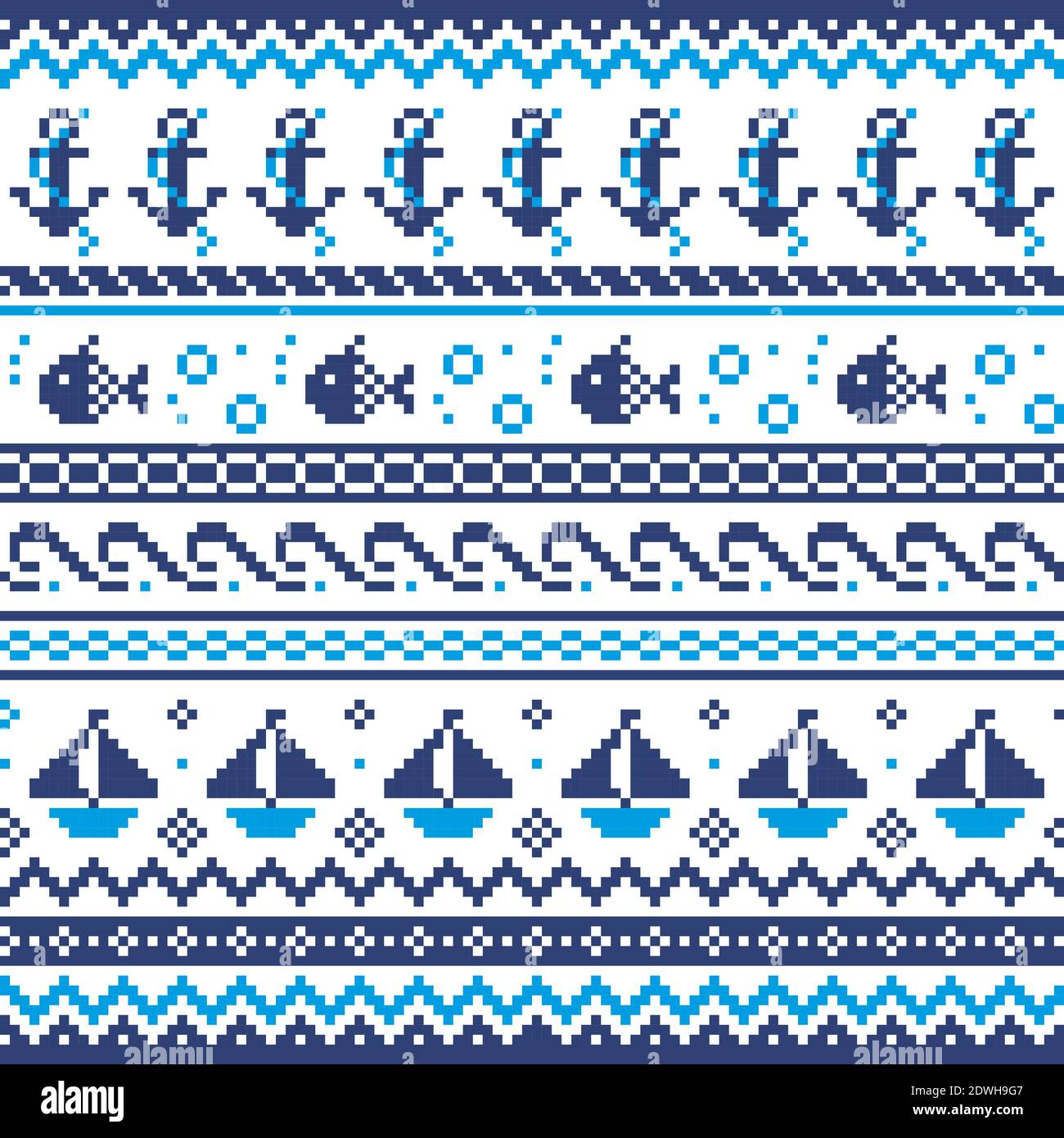 Nautica Scottish Fair Isle stile tradizionale knitwear vettore senza cuciture, design a vela con ancore, pesce e barche Illustrazione Vettoriale