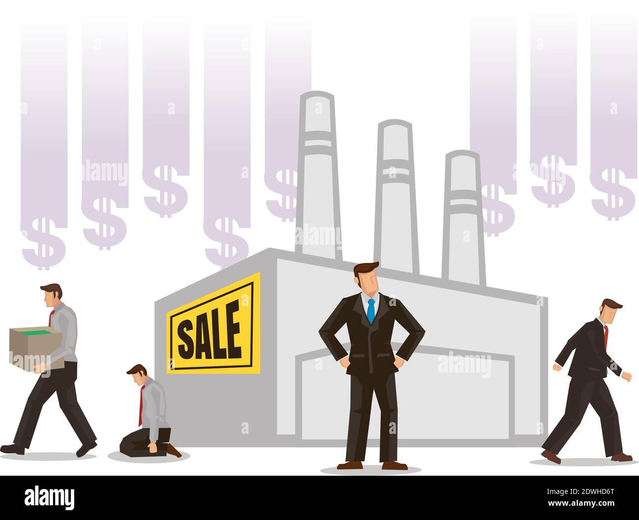 Fabbrica in vendita. Concetto di fallimento. Affondare società fallimento in crisi finanziaria. Problema economico, fallimento degli investimenti o crollo del budget. Sezione piatta Illustrazione Vettoriale