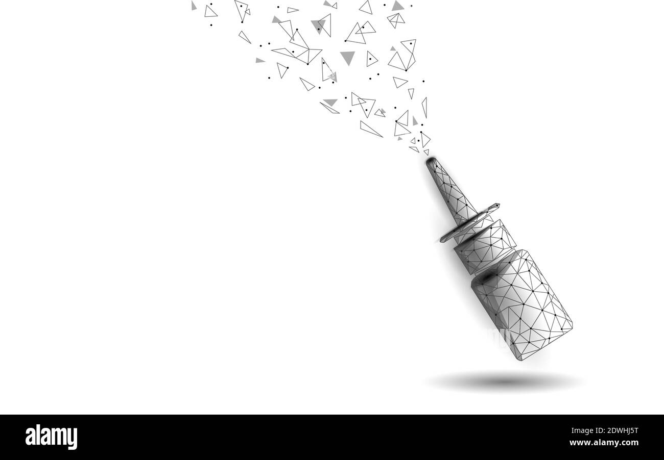 Rinite naso basso poli . Trattamento medicina nasale coryza. Farmacia naso che cola spray. Illustrazione vettoriale del modello di banner di progettazione poligonale Illustrazione Vettoriale