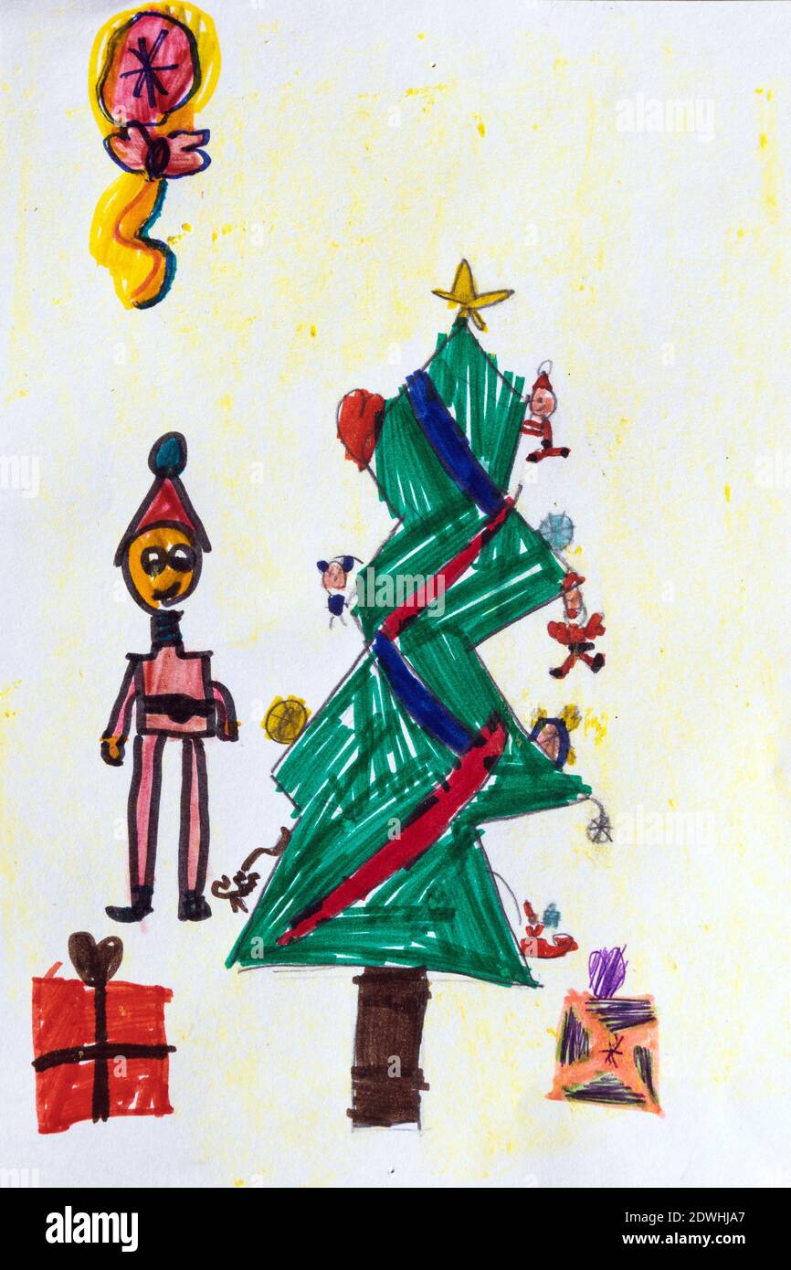 Disegno di bambino di sette anni, albero di Natale e regali. Foto Stock