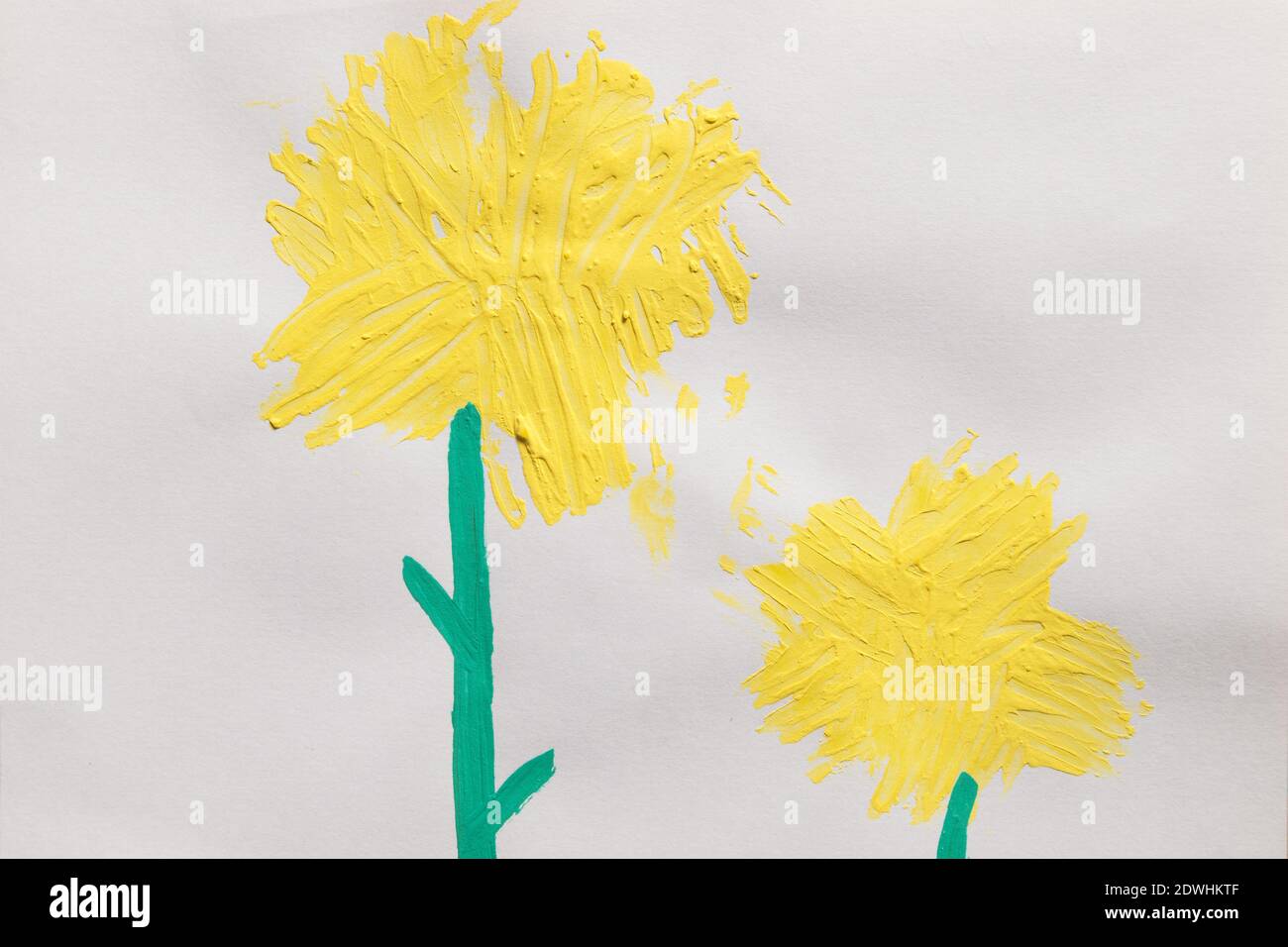 Disegno di bambino di sette anni, due fiori gialli su carta bianca. Foto Stock