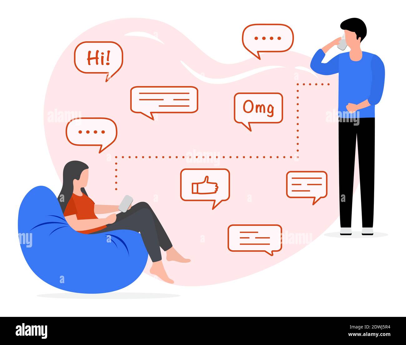 Illustrazione vettoriale comunicazione con la persona. Persone che parlano al telefono. Bolle di dialogo. Uomo e donna che chiamano con smartphone. Chiamata telefonica, Illustrazione Vettoriale