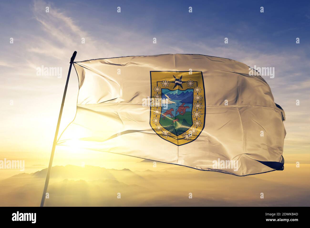 La regione di Aysen del Cile sventolava la bandiera all'alba nebbia Foto Stock