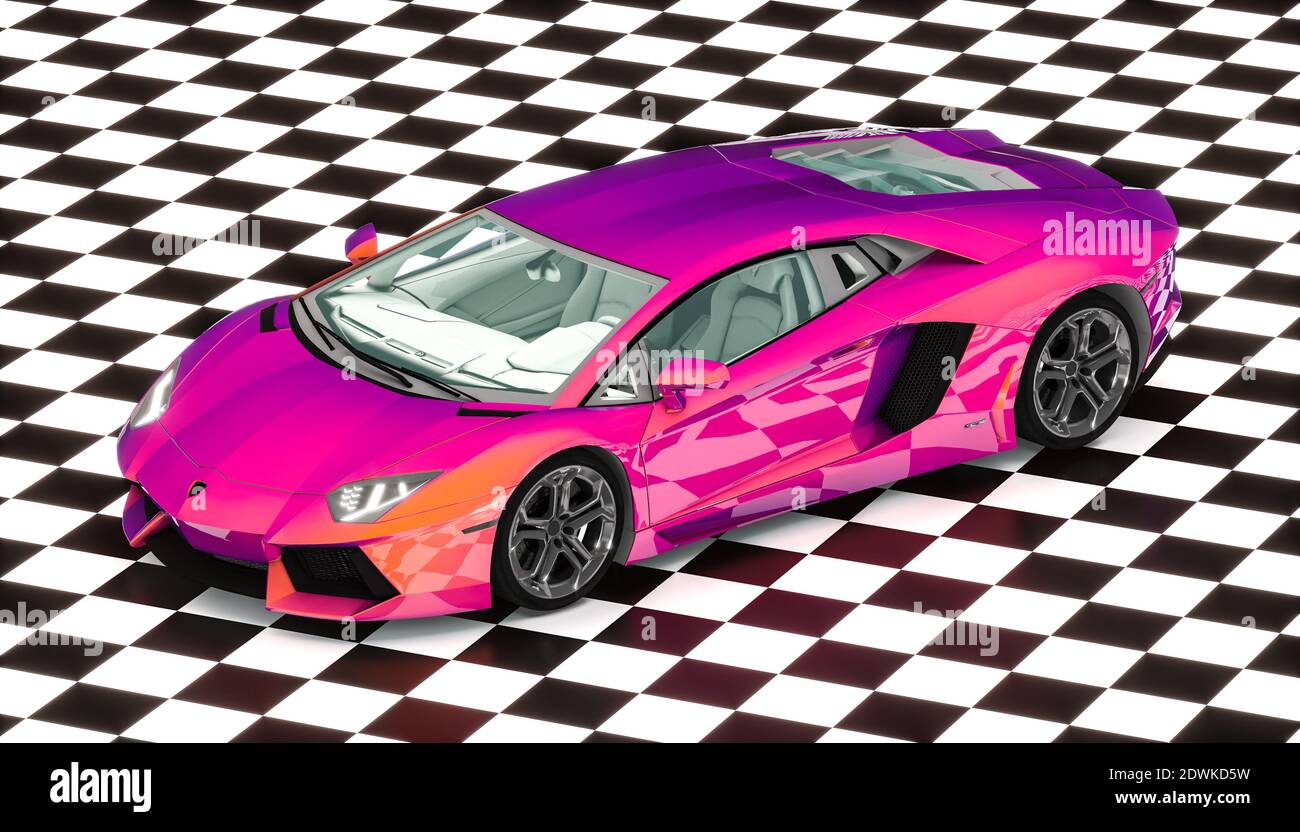 supercar viola iridescente su pavimento a scacchi. rendering 3d. concetto di auto sportiva e corse automobilistiche Foto Stock