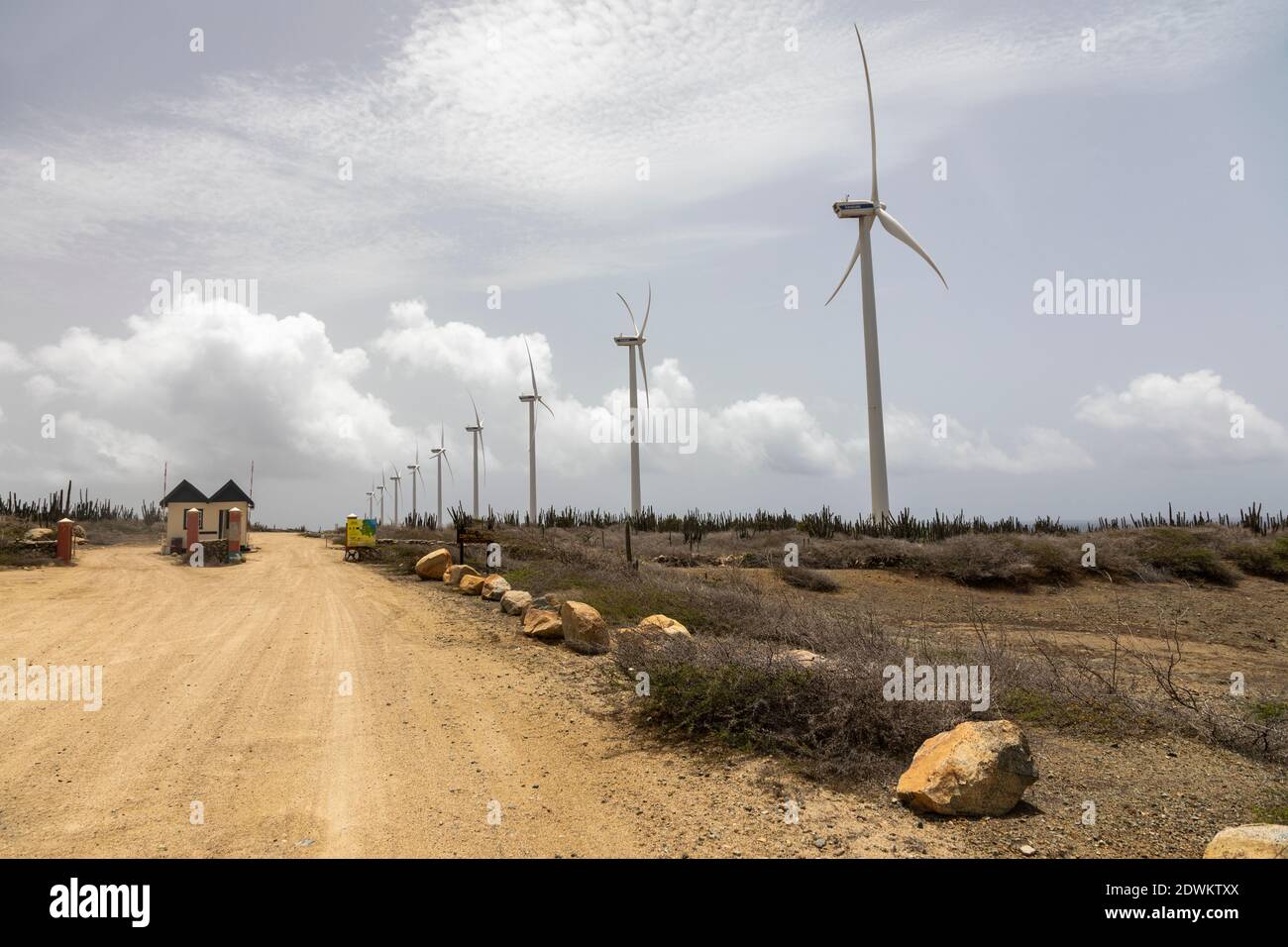 Parco eolico Vader Piet - turbine Vestas all'uscita Del Parco Nazionale Arikok ad Aruba, un'isola caraibica Foto Stock