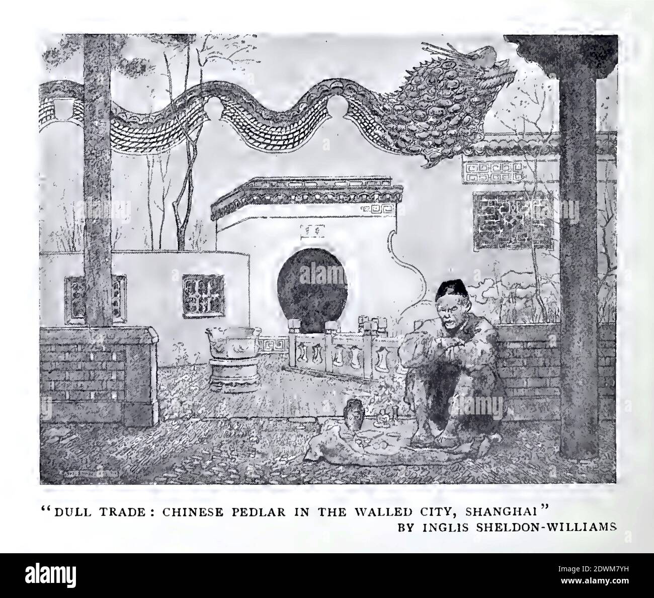 Illustrazione antica d'epoca chiamata Dull Trade : Peddler cinese nella città murata, Shanghai da Inglis Sheldon Williams. Foto Stock