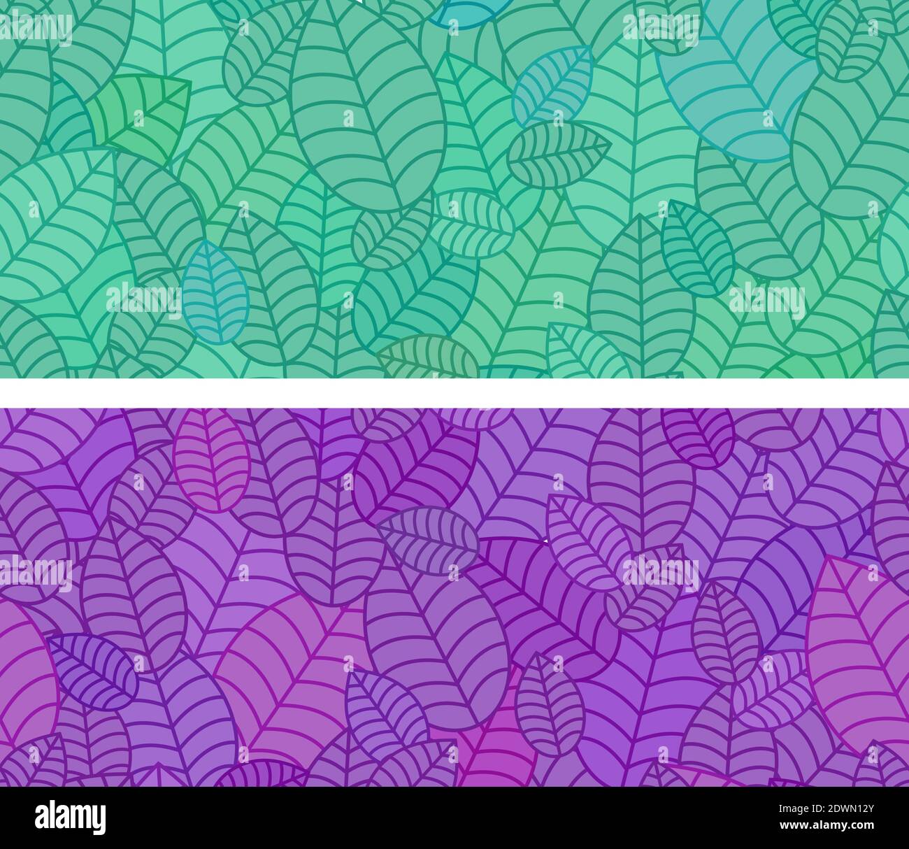 Ripetizione lineare senza giunture delle lamelle. Ornamento orizzontale delle foglie di colore vegetale. Per etichette, confezioni o tessuti. Foglie sparse caoticamente. Illustrazione Vettoriale