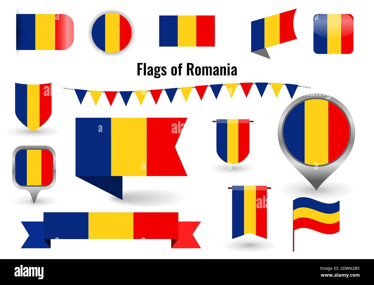 Una grande serie di icone e segni con la bandiera della Romania. Bandiera Romania quadrata e rotonda. Raccolta di diversi tipi di orizzontale e verticale. Illustrazione Vettoriale