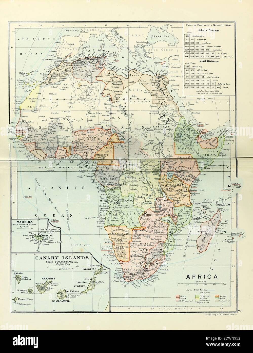 Africa (1895) linee del castello percorsi dal libro 'l'atlante della linea del castello del Sudafrica': Una serie di 16 piatti, stampati a colori, contenenti 30 mappe e diagrammi, con un resoconto delle caratteristiche geografiche, del clima, delle risorse minerarie e di altro genere, e della storia del Sudafrica. E un indice di oltre 6,000 nomi Foto Stock