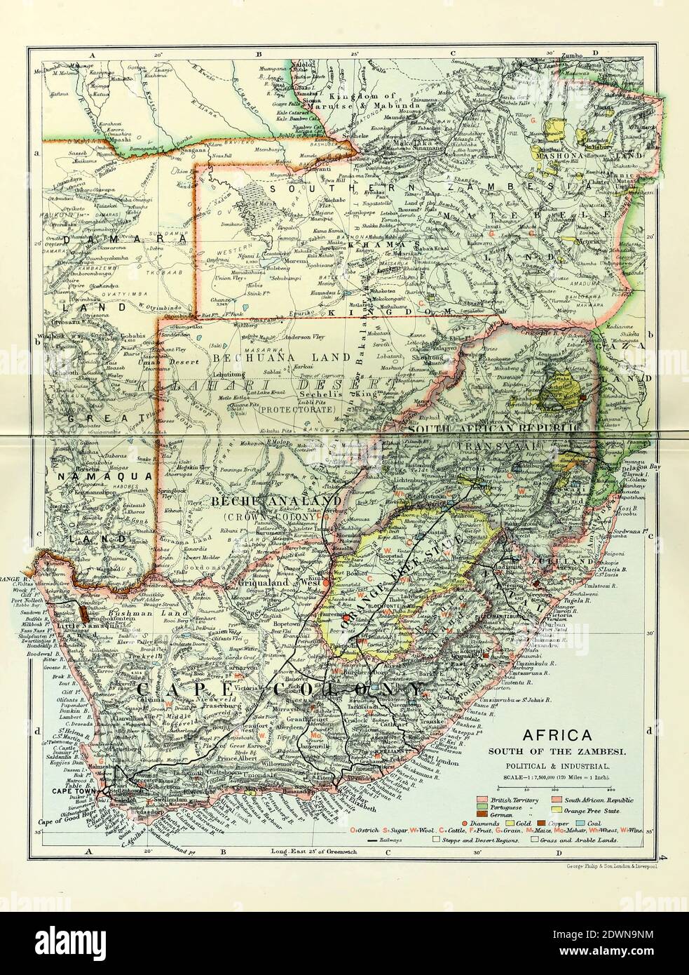 Antica mappa dell'Africa Sud dello Zambesi [fiume Zambesi] politico e industriale (1895) dal libro 'atlante della linea del Castello del Sud Africa' : Una serie di 16 lastre, stampate a colori, contenenti 30 mappe e diagrammi, con un resoconto delle caratteristiche geografiche, del clima, delle risorse minerarie e di altro genere, e della storia del Sudafrica. E un indice di oltre 6,000 nomi Foto Stock