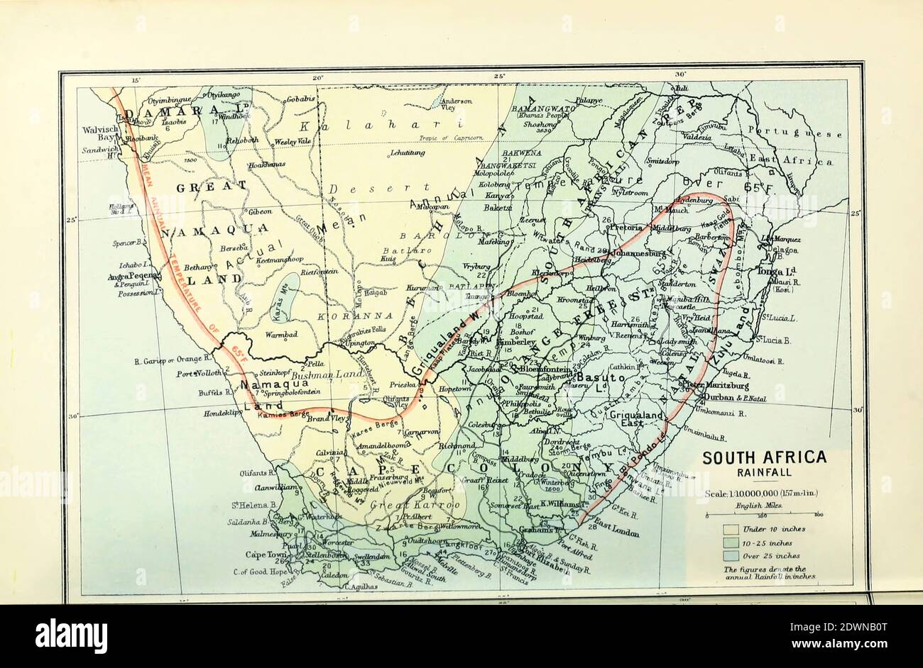 Antica mappa delle piogge del Sud Africa (1895) dal libro 'l'atlante della linea del Castello del Sud Africa' : Una serie di 16 lastre, stampate a colori, contenenti 30 mappe e diagrammi, con un resoconto delle caratteristiche geografiche, del clima, delle risorse minerarie e di altro genere, e della storia del Sudafrica. E un indice di oltre 6,000 nomi Foto Stock