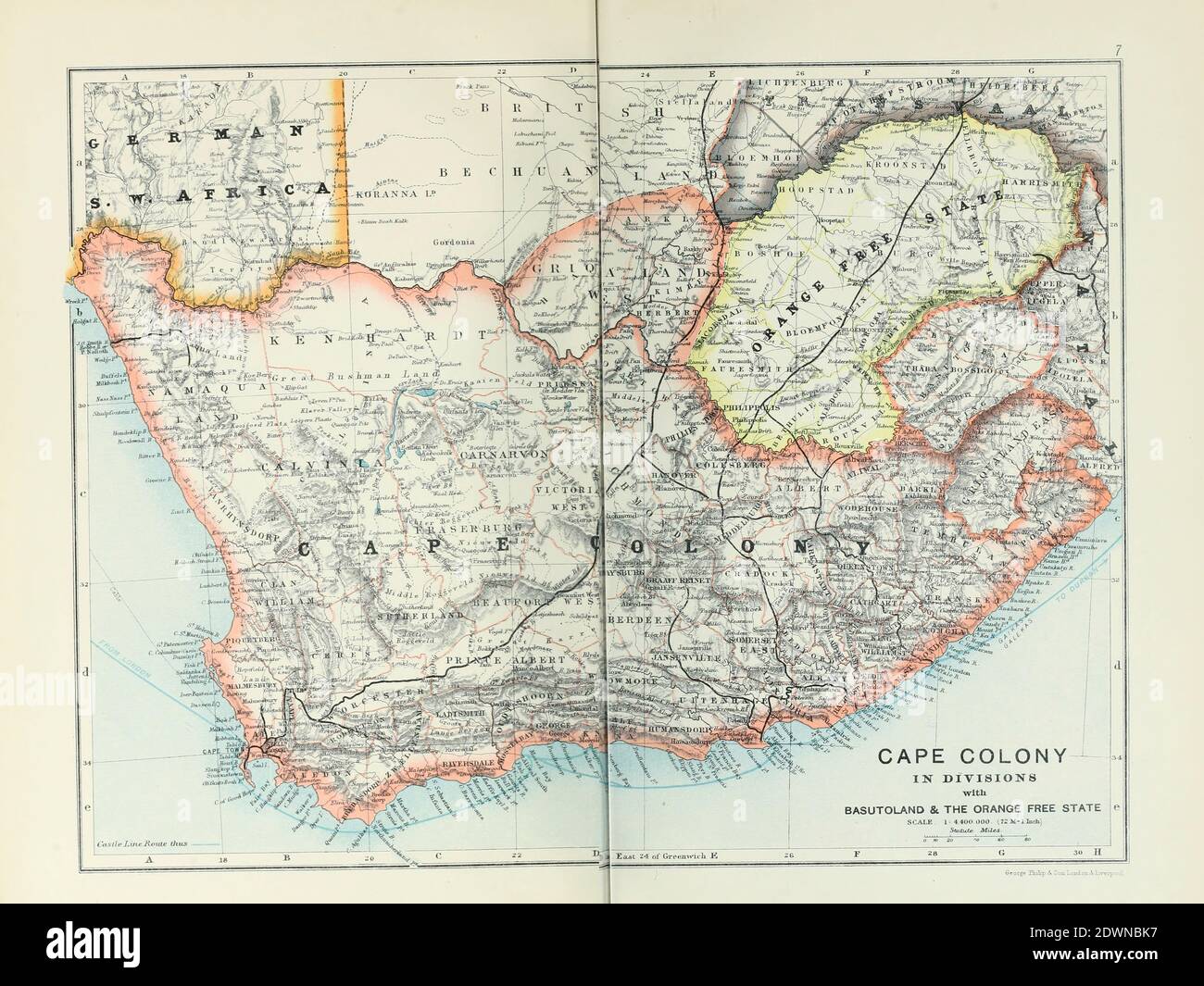 Antica mappa di Cape Colony in Divisioni con Basutoland e lo Stato libero arancione (1895) dal libro 'atlante della linea del Castello del Sud Africa' : Una serie di 16 lastre, stampate a colori, contenenti 30 mappe e diagrammi, con un resoconto delle caratteristiche geografiche, del clima, delle risorse minerarie e di altro genere, e della storia del Sudafrica. E un indice di oltre 6,000 nomi Foto Stock