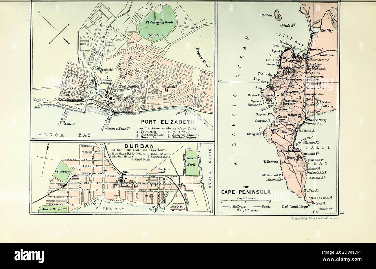 Antica mappa di Durban, Port Elizabeth e Cape Peninsula, Sud Africa (1895) dal libro 'l'atlante della linea del Castello del Sud Africa' : Una serie di 16 lastre, stampate a colori, contenenti 30 mappe e diagrammi, con un resoconto delle caratteristiche geografiche, del clima, delle risorse minerarie e di altro genere, e della storia del Sudafrica. E un indice di oltre 6,000 nomi Foto Stock