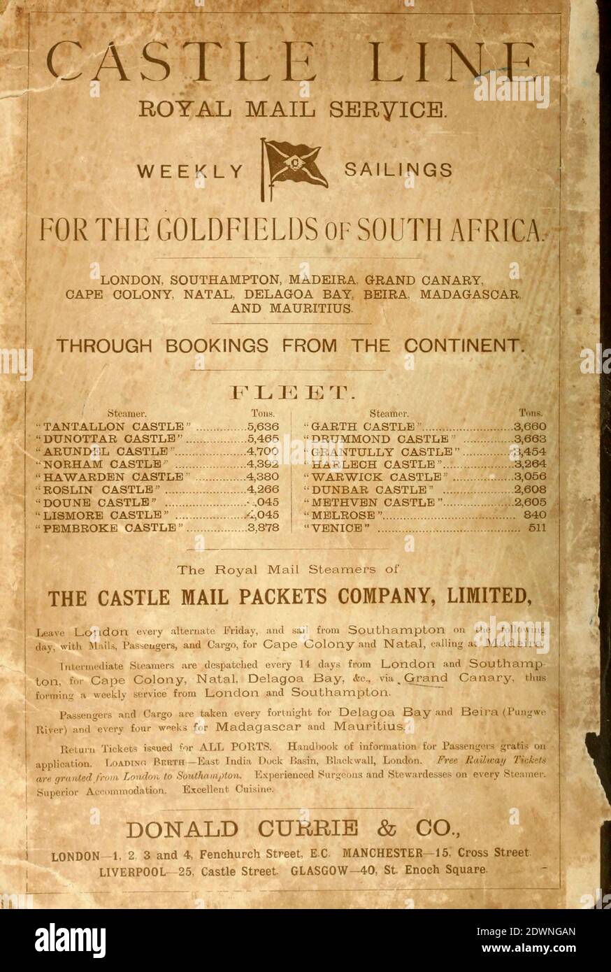 Castle Line Royal Mail Service inserzioni pubblicitarie e dettagli della flotta (1895) dal libro 'the Castle Line atlas of South Africa' : Una serie di 16 lastre, stampate a colori, contenenti 30 mappe e diagrammi, con un resoconto delle caratteristiche geografiche, del clima, delle risorse minerarie e di altro genere, e della storia del Sudafrica. E un indice di oltre 6,000 nomi Foto Stock