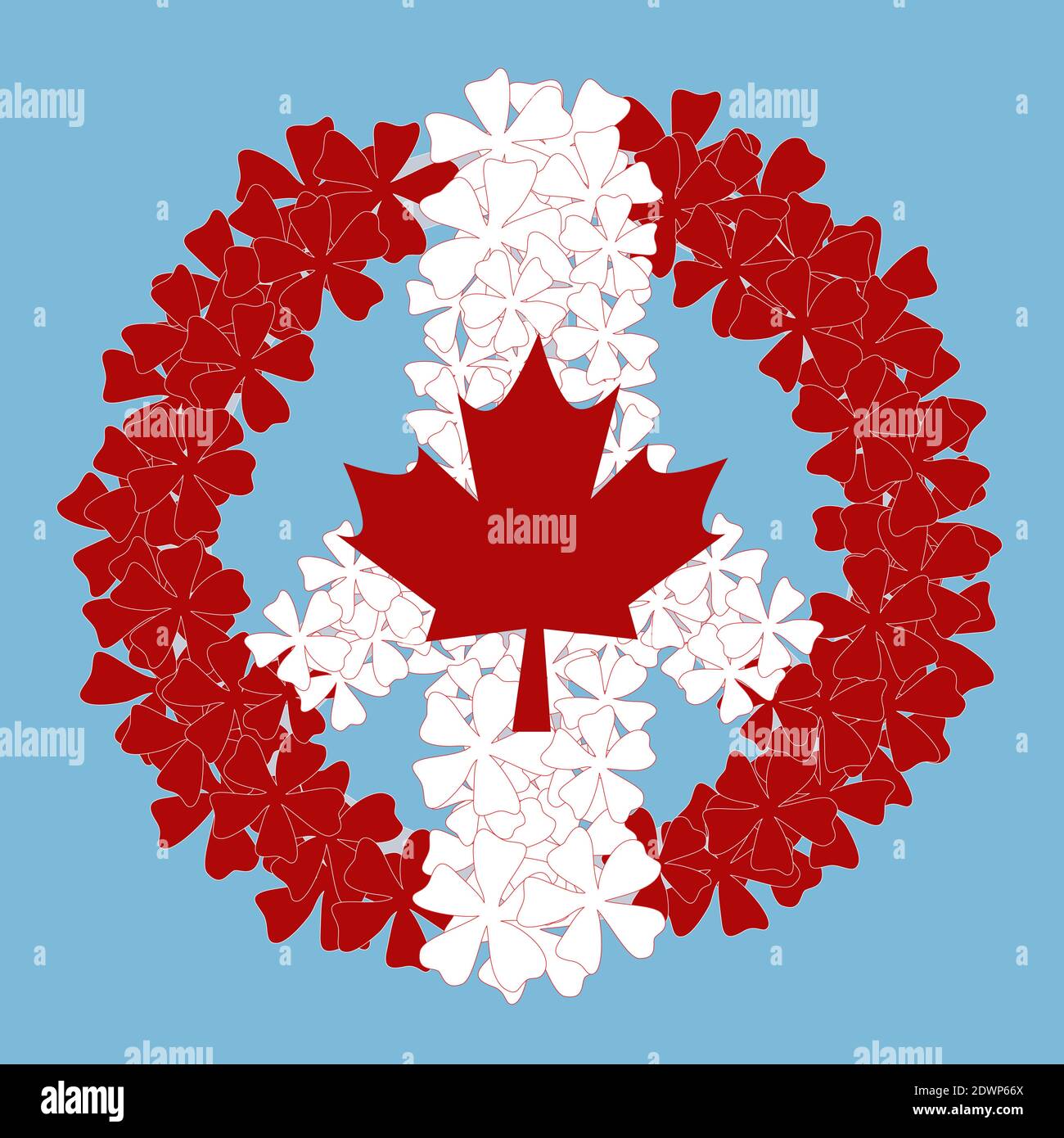 Bandiera nazionale del Canada Day. Bandiera canadese a forma di segno di pace. Segno di pace fatto di fiori bianchi e rossi. Illustrazione vettoriale isolata su ba blu Illustrazione Vettoriale