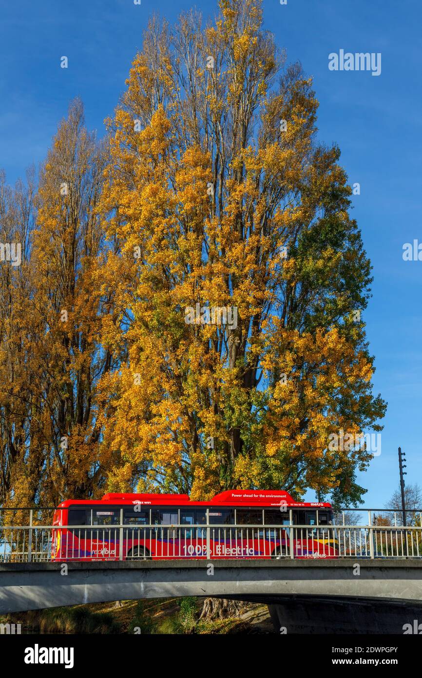 Vista autunnale degli alberi contro un cielo blu con un Christchurch 100% Electric Red Bus che attraversa il fiume Avon su Manchester Street, Nuova Zelanda. Foto Stock