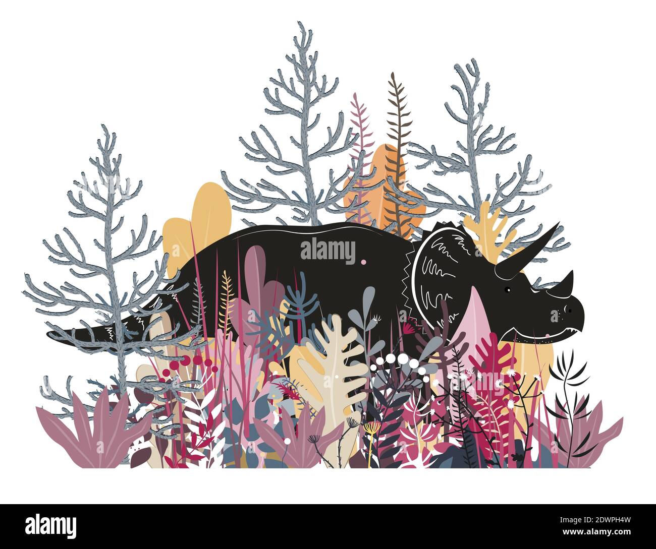 Carino Triceratops nella giungla. Dinosauro nella foresta pluviale, illustrazione vettoriale. Felice dino carattere cartoon arte isolato su sfondo bianco Illustrazione Vettoriale