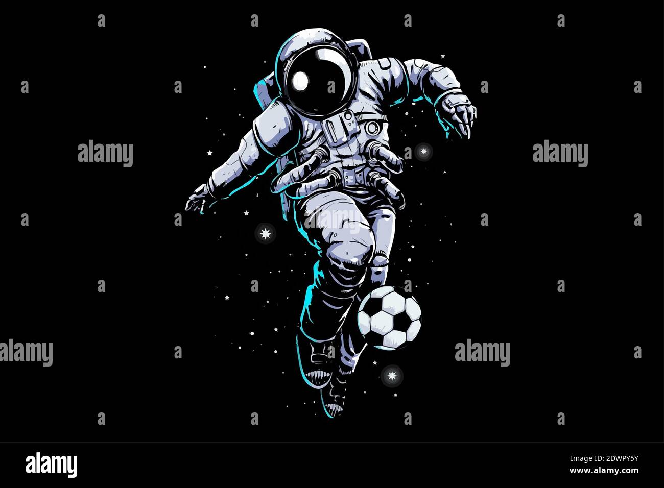 Illustrazione di un astronauta che gioca spazio di calcio su uno sfondo scuro Foto Stock