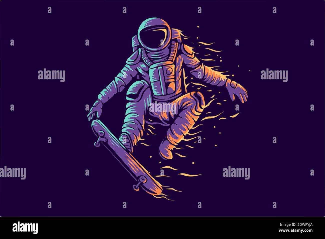 Illustrazione di uno skateboard astronauta nello spazio su sfondo viola Foto Stock