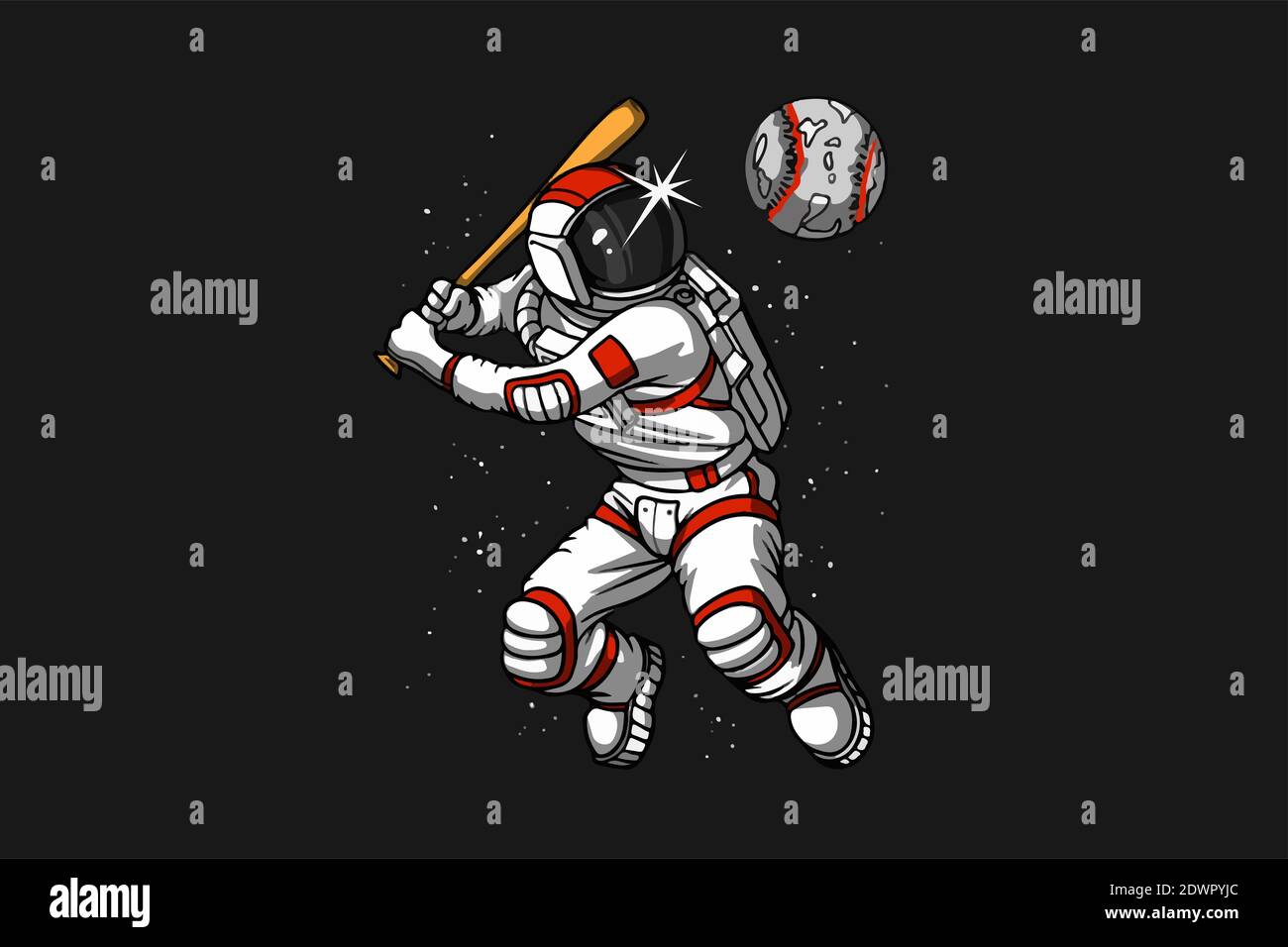 Illustrazione di un astronauta che gioca a baseball nello spazio su uno sfondo grigio Foto Stock