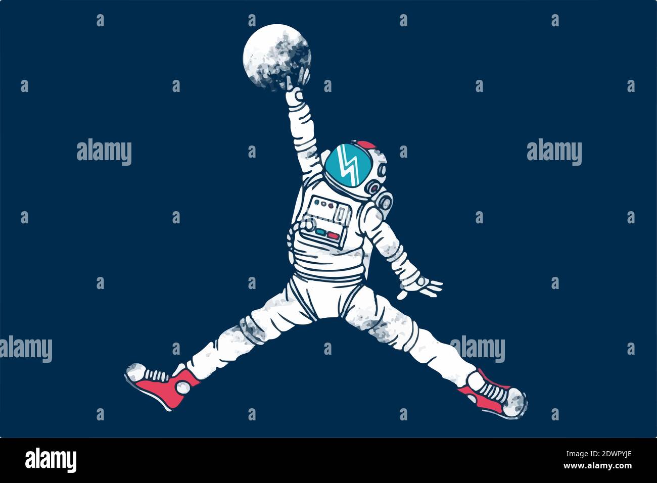 Illustrazione di un astronauta che gioca a basket utilizzando la luna nello spazio su uno sfondo blu Foto Stock