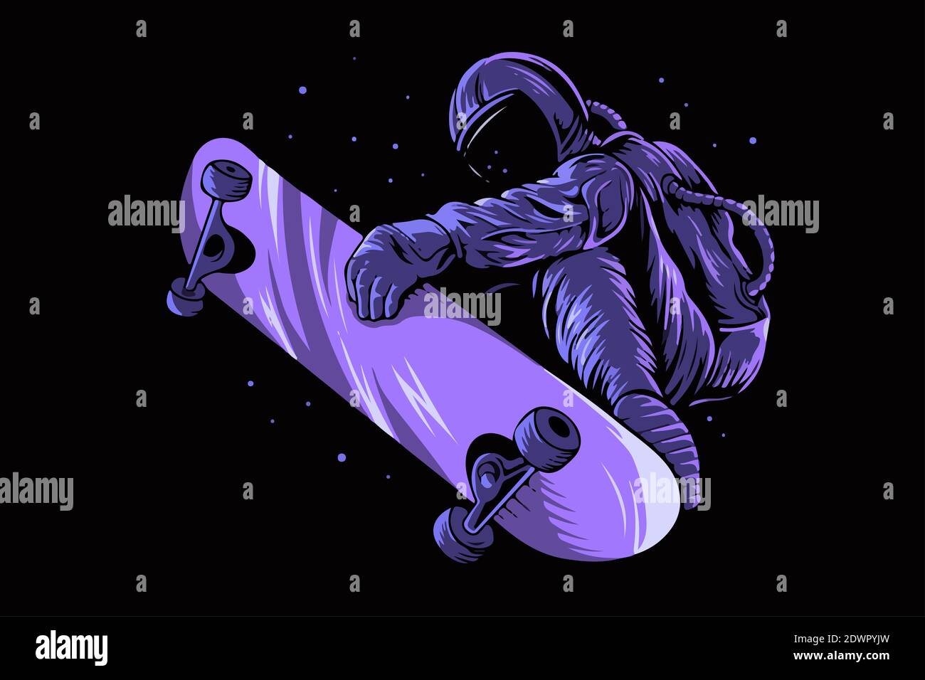 Illustrazione di un astronauta in viola skateboard nello spazio Foto Stock