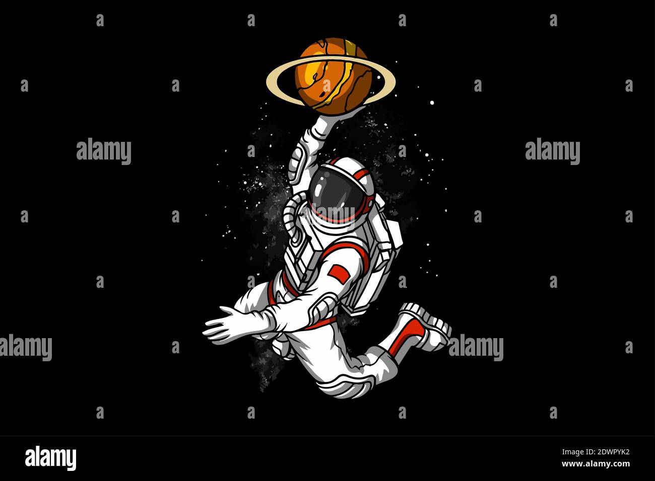 Illustrazione di un astronauta che gioca a basket usando un pianeta come una palla nello spazio Foto Stock