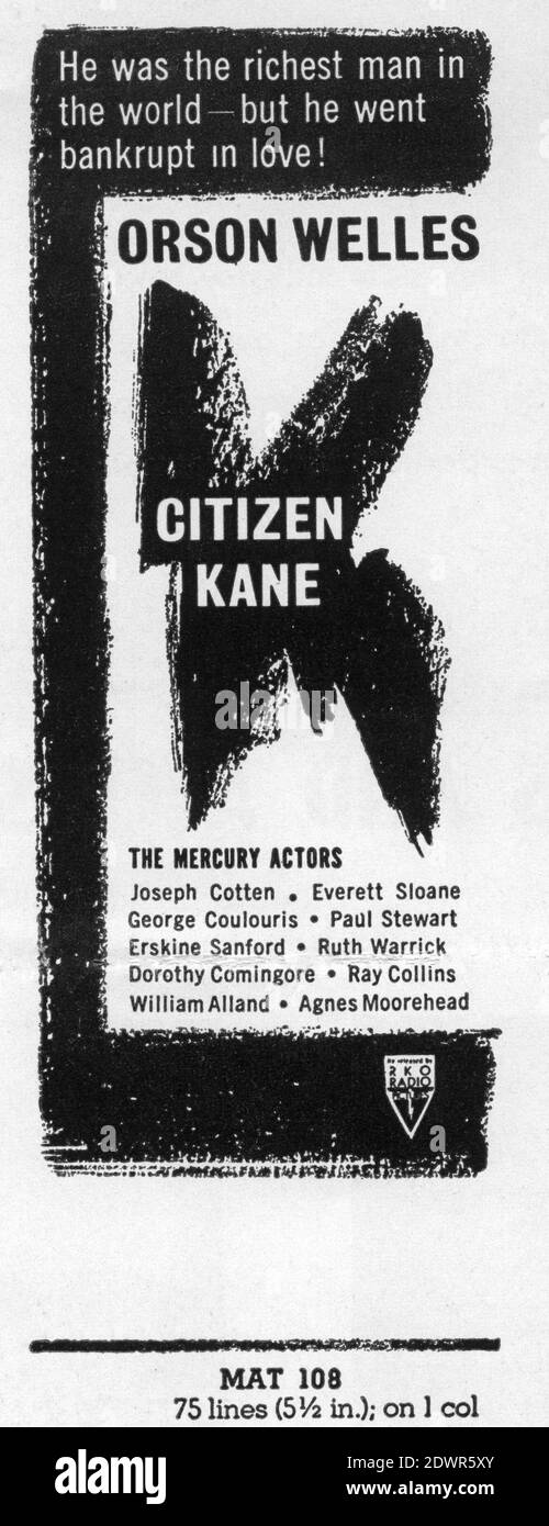 ORSON WELLES come Charles Foster Kane in CITIZEN KANE 1941 / 1956 regista ORSON WELLES sceneggiatura Herman J. Mankiewicz e Orson Welles musica Bernard Herrmann Mercury Productions / RKO radio Pictures Foto Stock