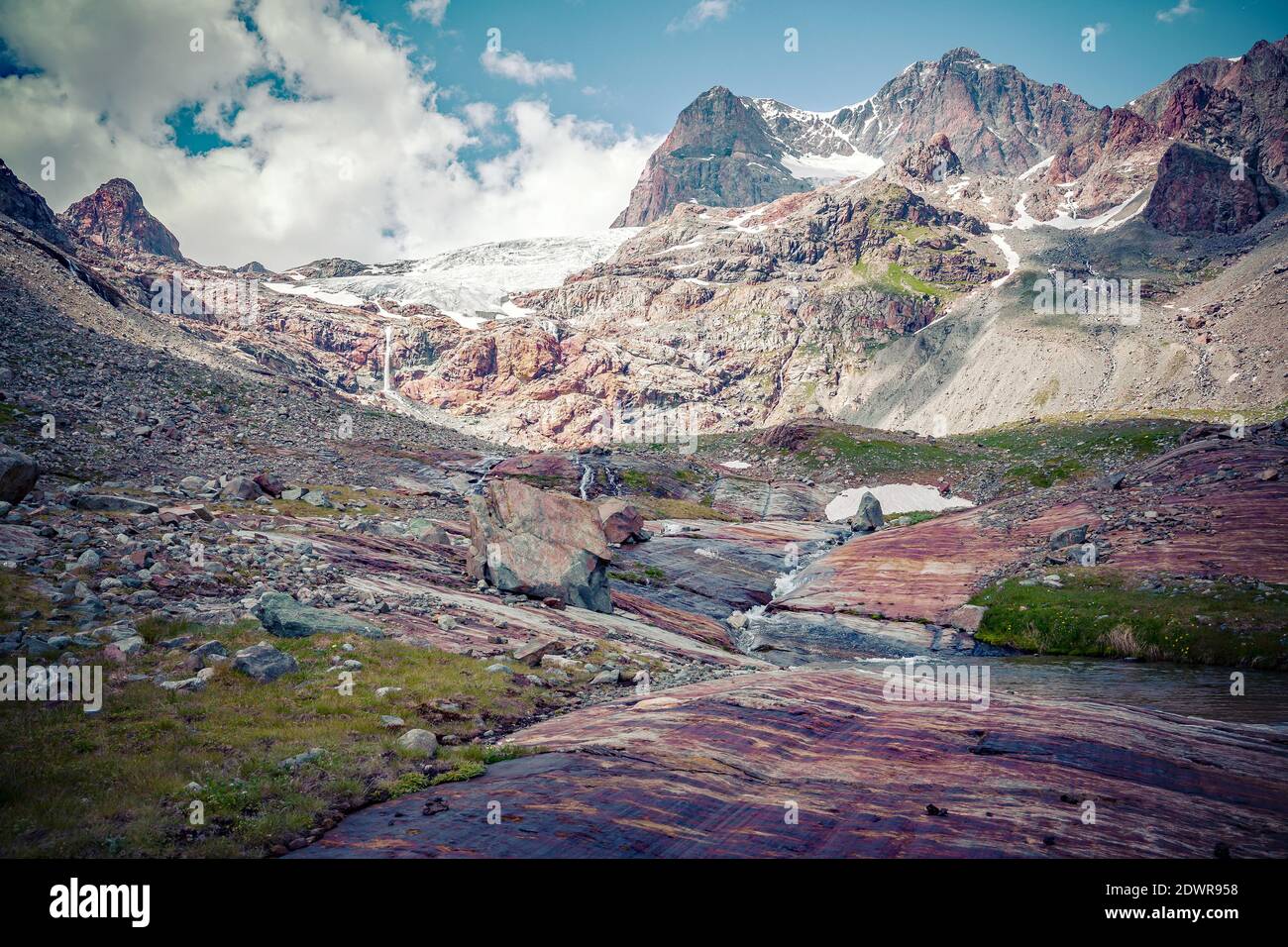 Alta Valmalenco (IT), valle Fellaria Occidentale e ghiacciaio Foto Stock