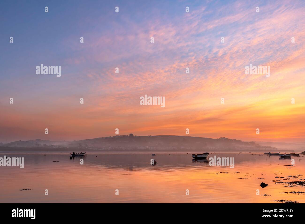 Dopo una fredda notte nel Devon del Nord, la nebbia sorge da un tranquillo fiume Torridge, con i colori pastello dell'alba che si riflettono nell'estuario in uscita ti Foto Stock