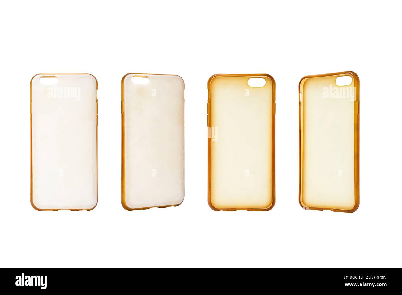 Coperchio posteriore in plastica bianca per telefono cellulare isolato su sfondo bianco. Diverse angolazioni della custodia protettiva per smartphone. Parte posteriore del telefono in silicone Foto Stock