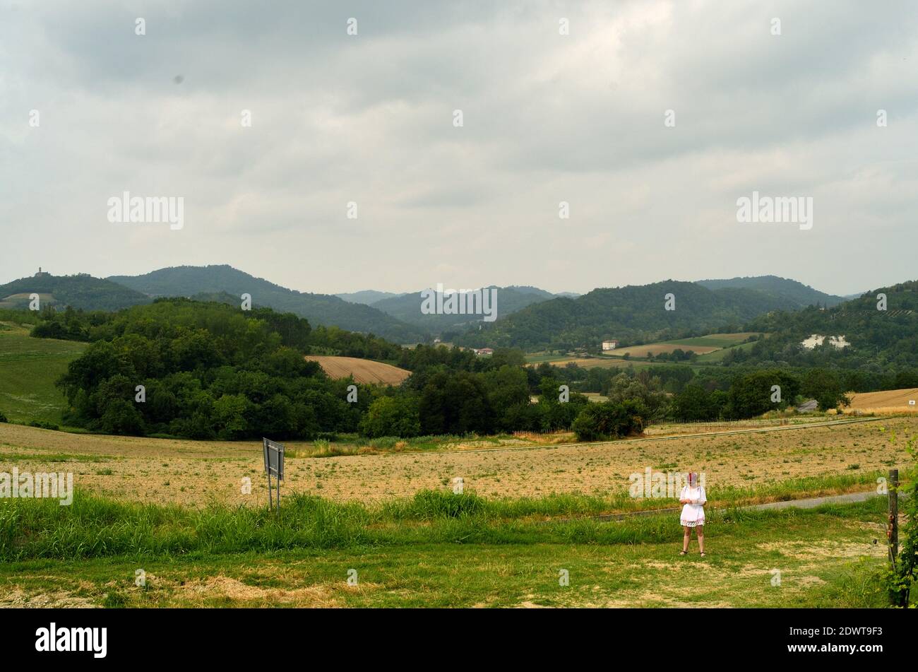 Vista panoramica del paesaggio erboso contro Sky Foto Stock