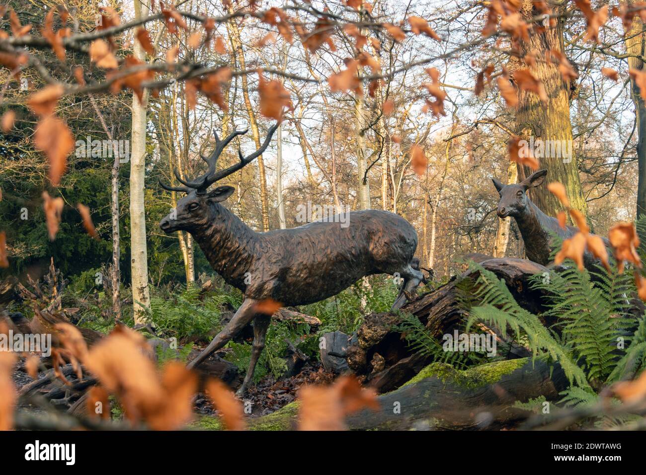 Esecuzione di sculture di cervi al Trentham Gardens staffordshire Foto Stock