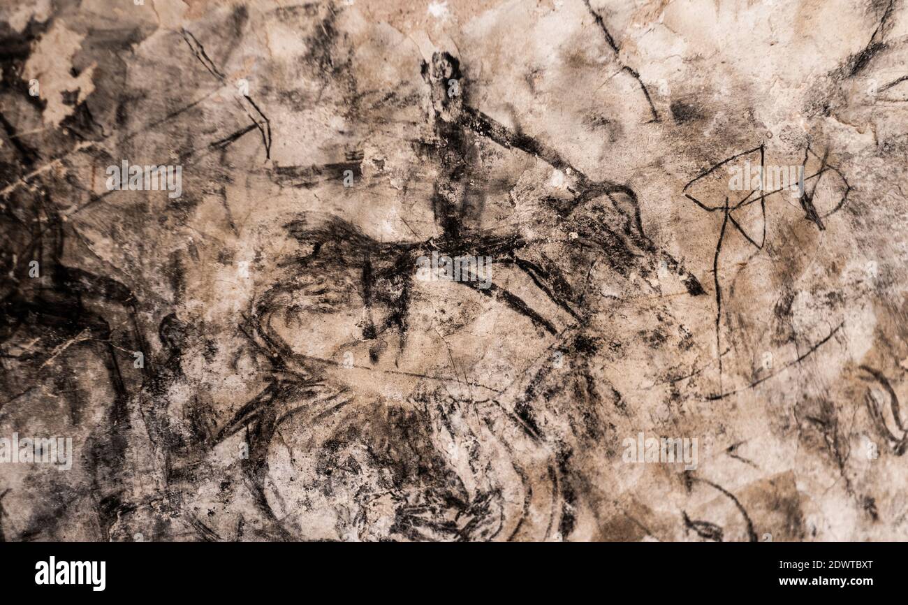 Antica pittura rupestre sulla parete della grotta in Cappadocia, Turchia Foto Stock