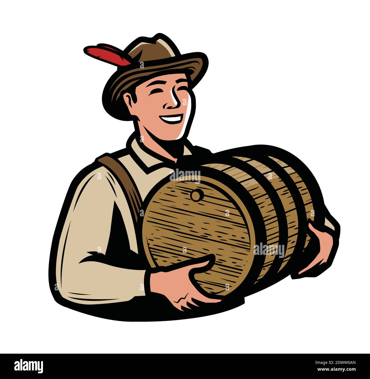 Oktoberfest, simbolo del festival della birra. Uomo con illustrazione vettoriale del barile di legno Illustrazione Vettoriale