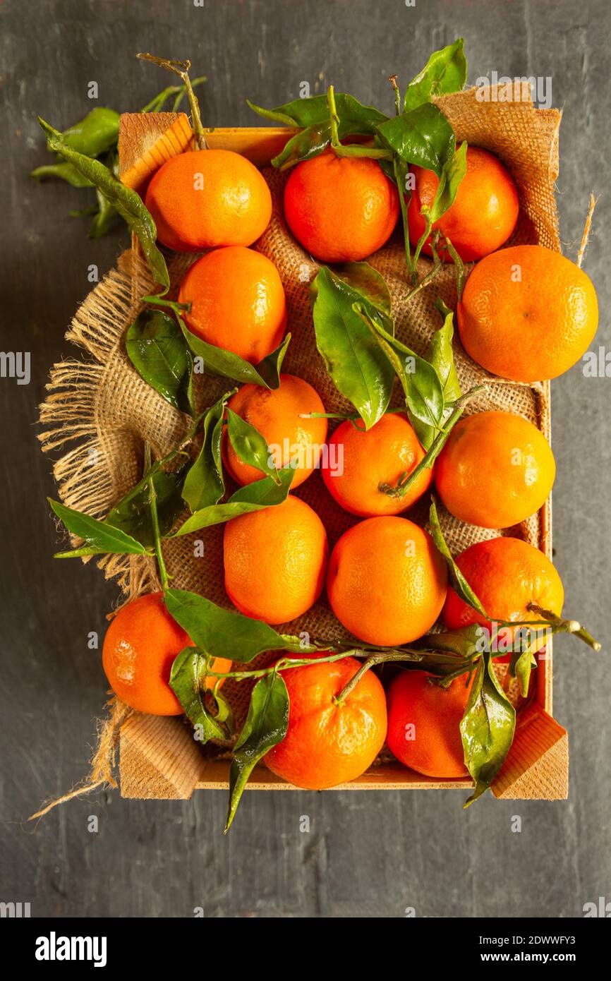 Clementine in un vassoio di legno Foto Stock