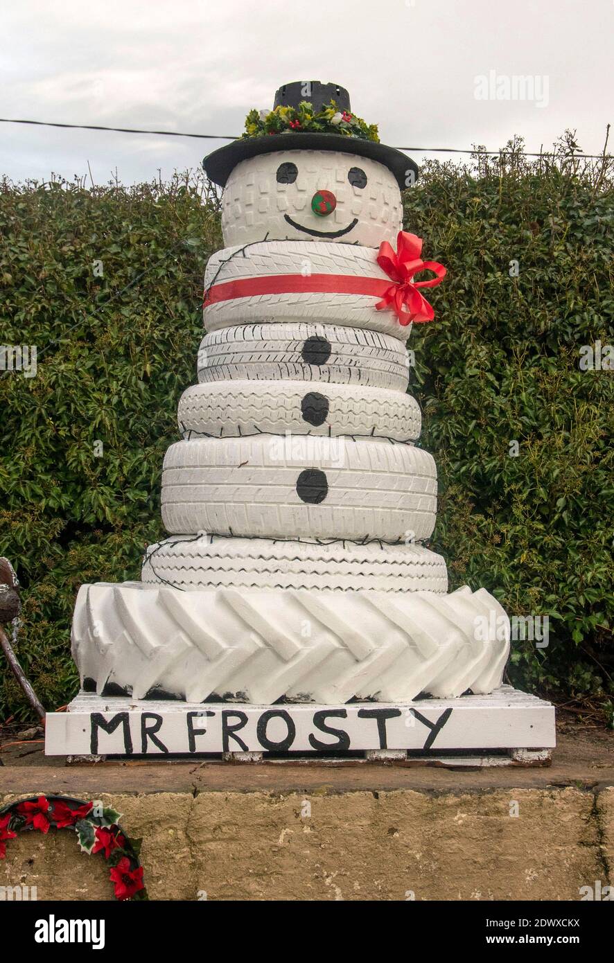 Swansea, Regno Unito. 23 dicembre 2020. Recycled Frosty il Natale pupazzo  di neve mostra fatto di vecchi pneumatici fuori Kimley Moor Farm sulla  penisola di Gower vicino Swansea questo pomeriggio. Credit: Phil