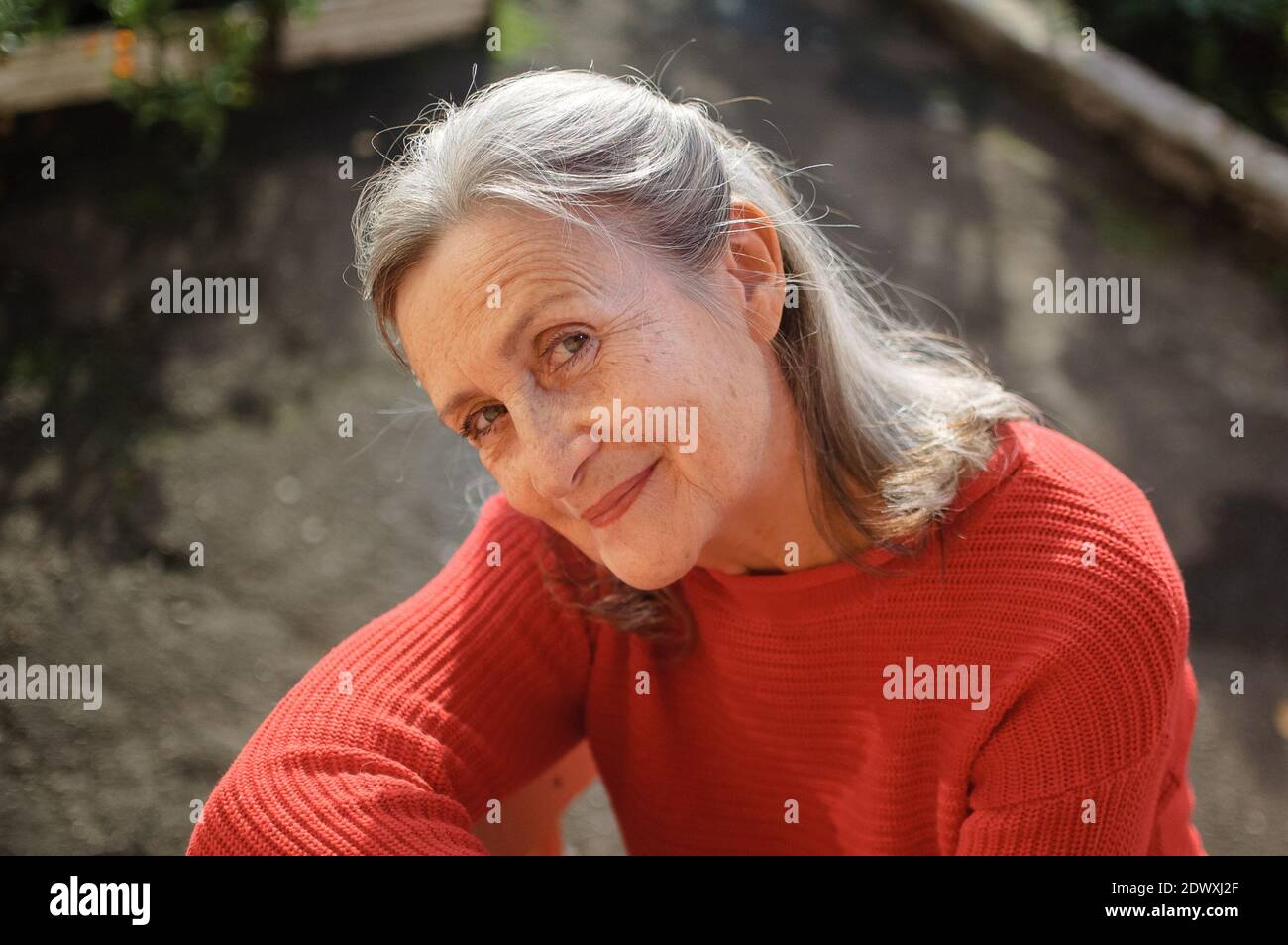 Primo piano faccia di donna anziana felice con capelli grigi guardare la fotocamera mentre si passa il tempo all'aperto durante le giornate di sole Foto Stock