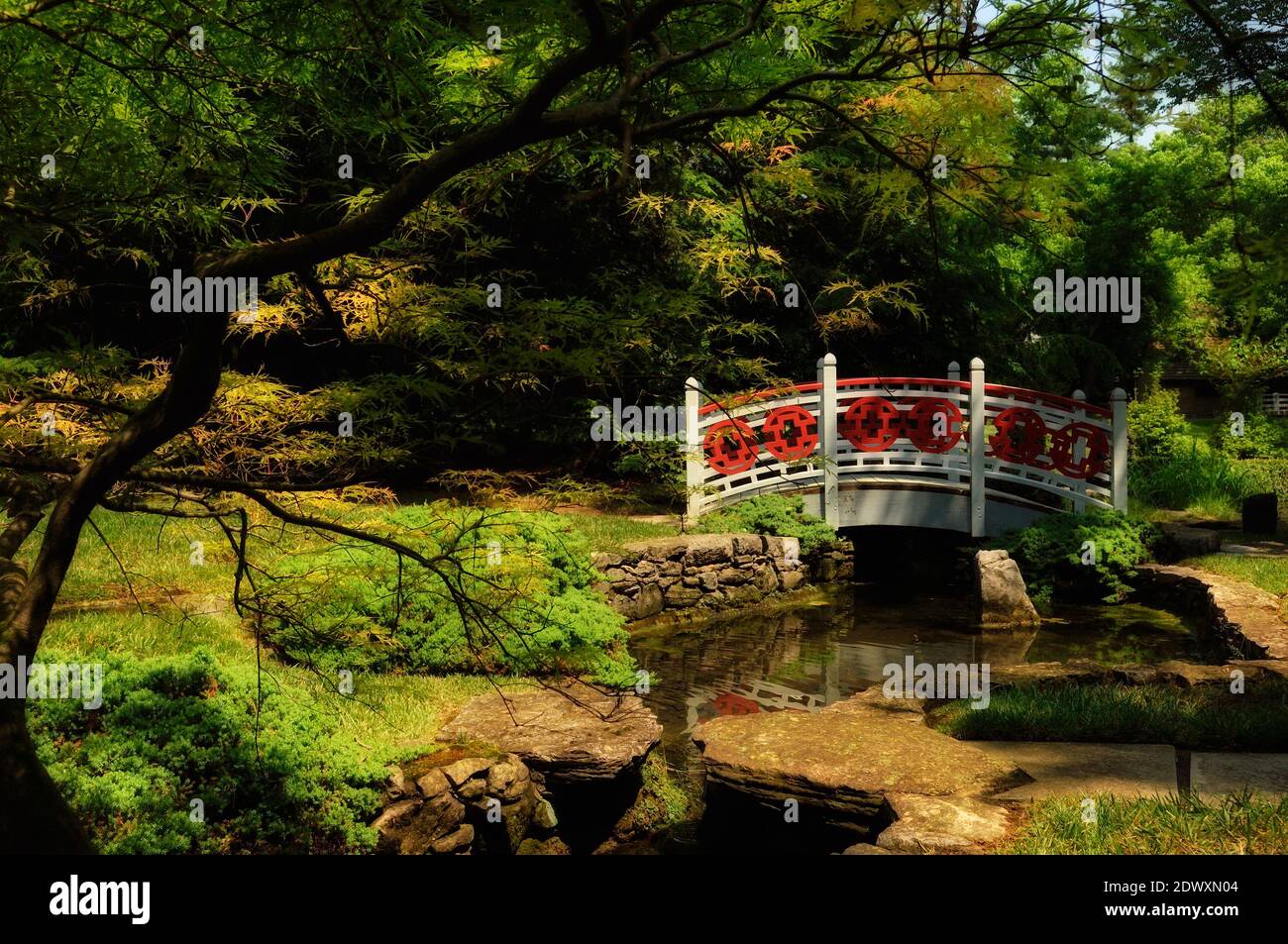 Ponte di legno nel giardino cinese, Glen Burnie, Winchester, Shenandoah Valley, Virginia, Stati Uniti Foto Stock