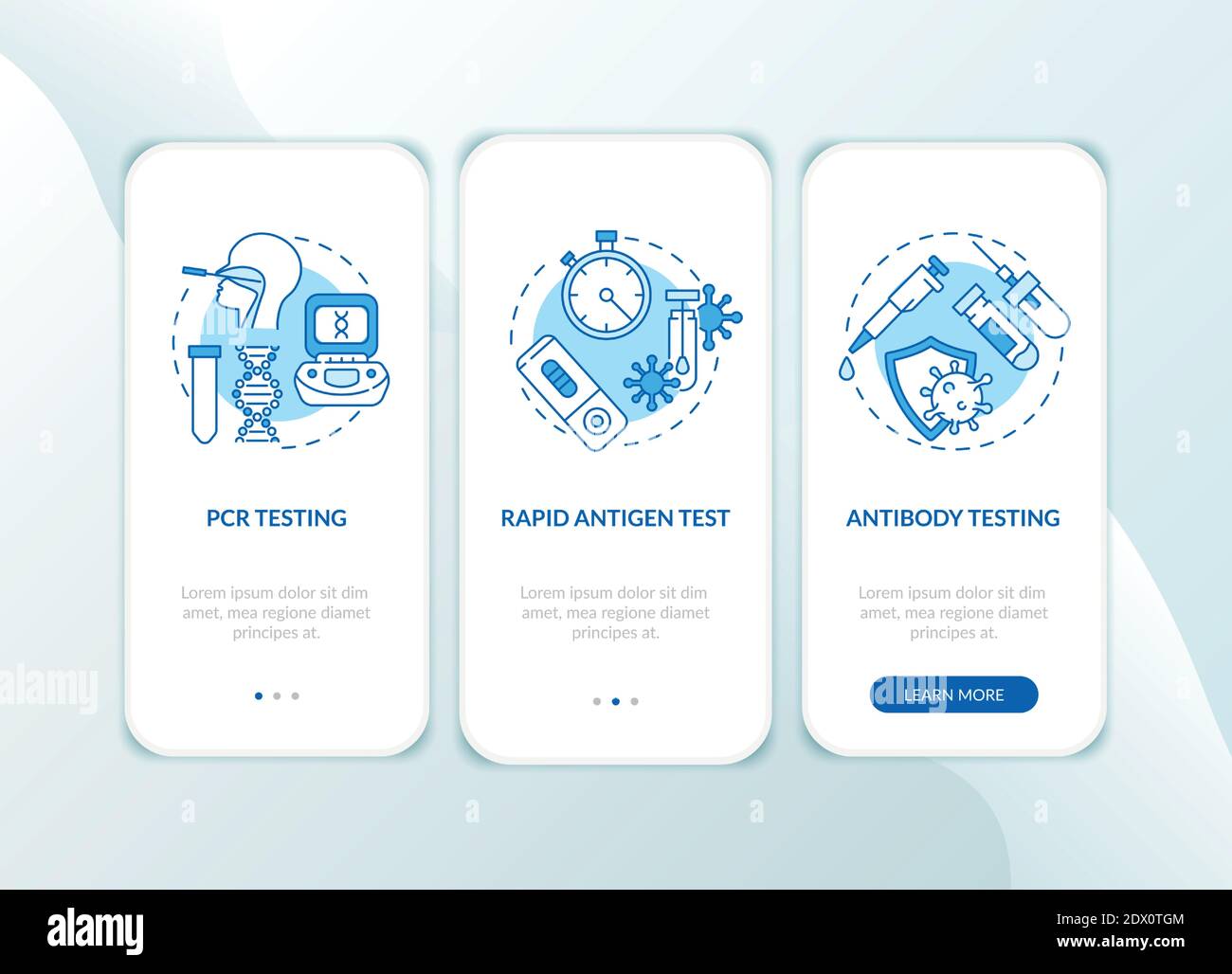 I tipi di test Covid sullo schermo della pagina dell'app mobile con i concetti Illustrazione Vettoriale
