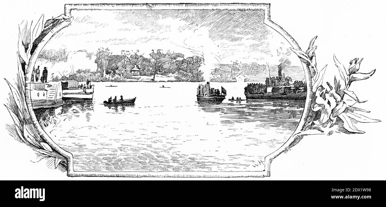 Incisione di piccoli piroscafi e barche in un tranquillo porto, circa 1880 Foto Stock