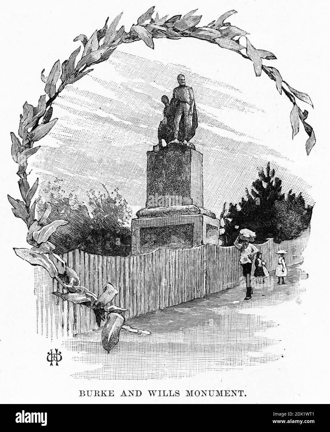 Incisione di un monumento eretto a Melbourne alla memoria Degli esploratori Burke e Wills Foto Stock